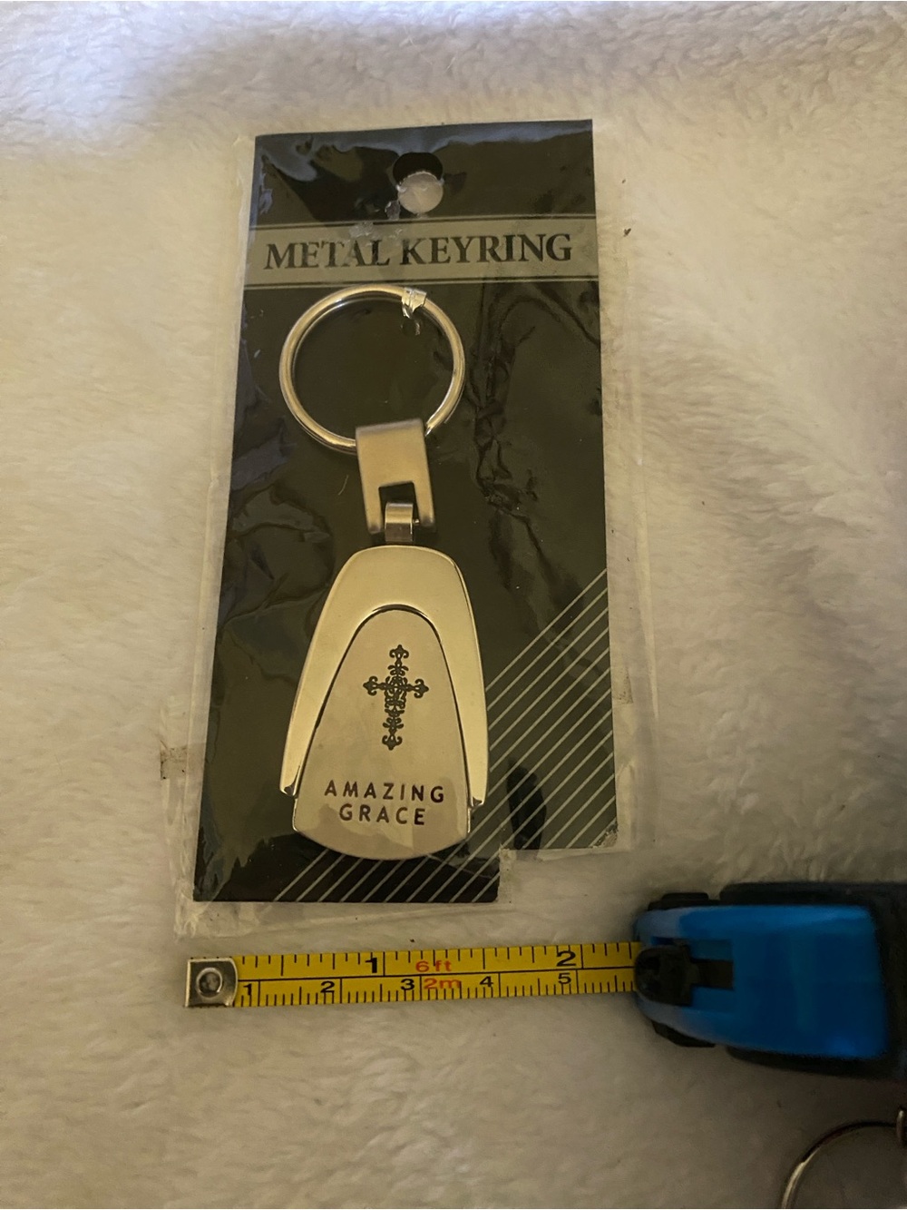 Metal "Amazing Grace" Silver Keyring with Cross